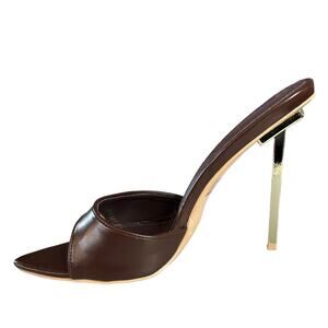 Fashion Nova Brown Leather Pointed Toe Stiletto Mule with Gold Heel